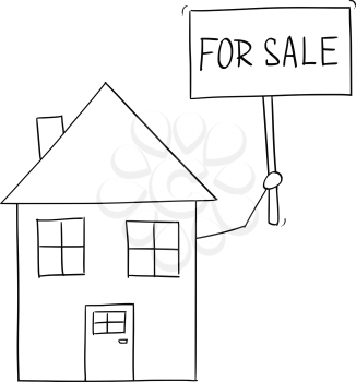 Cartoon vector conceptual drawing of family house holding for sell sign .