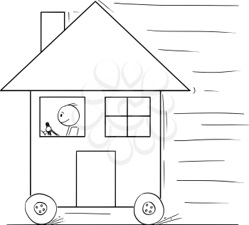 Cartoon stick drawing conceptual illustration of man driving and moving family house on wheels as car.