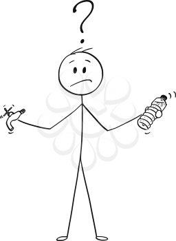 Cartoon stick drawing conceptual illustration of man holding plastic bottle and tap or faucet and deciding between bottled or tap water .