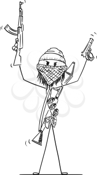 Cartoon stick drawing conceptual illustration of masked Islamic guerilla fighter or warrior with guns, ak-47, pistol and RPG.