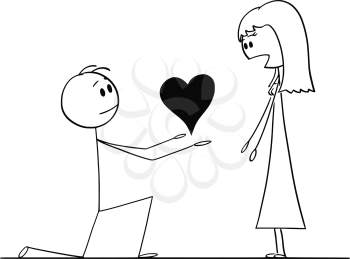 Cartoon stick drawing conceptual illustration of man kneeling and giving big heart to his surprised beloved woman of love.