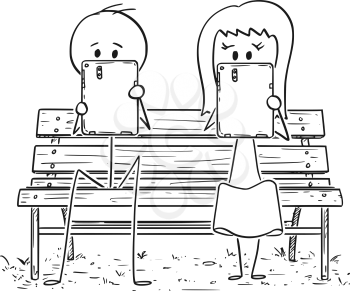 Cartoon stick drawing conceptual illustration of couple sitting on park bench and each alone is doing something or working or networking on tablet. Concept of social isolation and modern technologies.