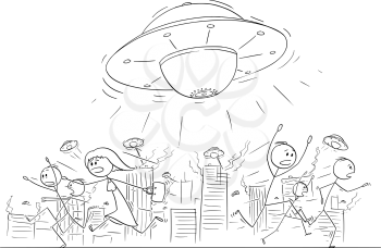 Cartoon stick figure drawing illustration of group or crowd of people running in panic away from UFO. Other alien space ships are attacking human city.