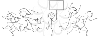 Cartoon stick figure drawing illustration of group or crowd of people running in panic away from man walking with empty sign. There is place for your text.