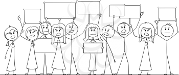 Cartoon stick figure isolated drawing or illustration of group or crowd of protesters protesting with empty signs ready for your text.
