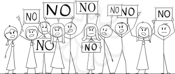 Cartoon stick figure isolated drawing or illustration of group or crowd of protesters protesting with No signs.