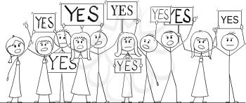 Cartoon stick figure isolated drawing or illustration of group or crowd of protesters protesting with Yes signs.