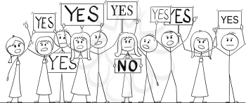 Cartoon stick figure isolated drawing or illustration of group or crowd of protesters protesting with Yes signs, one solitary person say No.