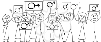 Cartoon stick figure isolated drawing or illustration of group or crowd of protesters protesting with male gender symbol on signs.