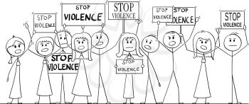 Cartoon stick figure drawing or illustration of group or crowd of protesters demonstrating with Stop Violence signs.