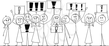 Cartoon stick figure isolated drawing or illustration of group or crowd of protesters protesting with exclamation mark or point on signs.