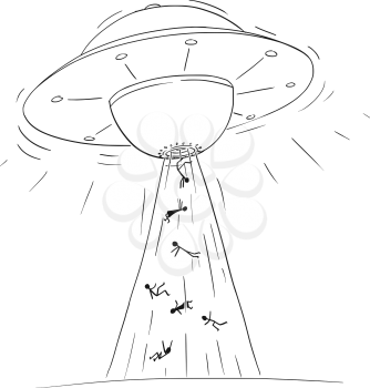 Cartoon Drawing illustration of alien space ship or UFO abducting or kidnapping people in ray of light.