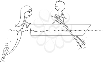 Cartoon stick figure drawing of man paddling in small boat with paddles on water or sea and meet a beautiful mermaid .