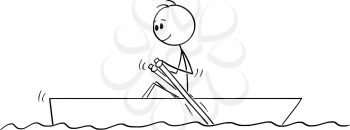 Cartoon stick figure drawing of man paddling in small boat with paddles on water.
