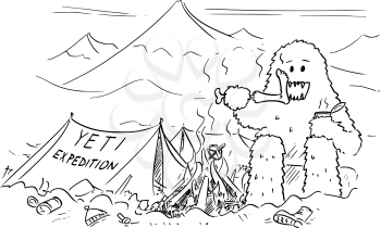 Cartoon drawing of Yeti enjoying devouring or eating alpinist or mountaineer in base camp of mountain climbing expedition looking for him.