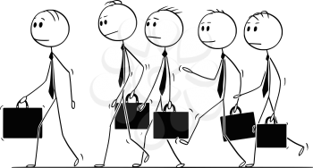Cartoon stick figure drawing of group of businessmen in suits and briefcases or notebooks walking together as team.
