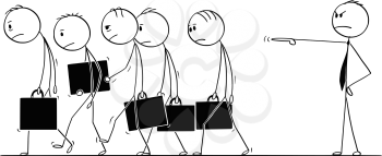 Cartoon stick figure conceptual drawing of group of sad or depressed businessmen or employees fired or expelled by boss or superior and walking together . Concept of team failure.