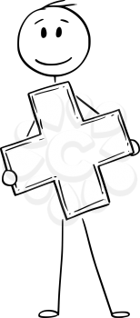 Cartoon stick figure drawing conceptual illustration of man holding big cross as symbol of health and charity.