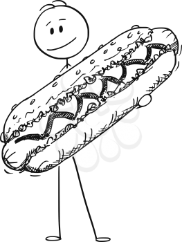 Cartoon stick figure drawing conceptual illustration of smiling man holding big hot dog.