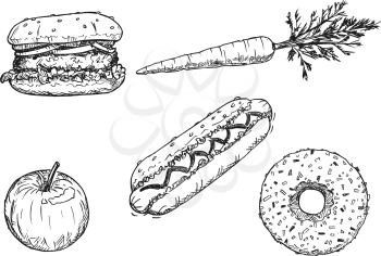 Cartoon vector drawing of set of food, healthy vegetable and fruit and unhealthy delicious deserts. Apple,carrot, burger, donut, hot dog, doughnut, hamburger.