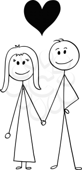 Cartoon stick figure drawing conceptual illustration of happy heterosexual couple of man and woman holding each other hand and with big heart symbol above them.