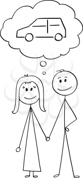 Cartoon stick figure drawing conceptual illustration of happy heterosexual couple of man and woman holding each other hand and thinking about buying car or vehicle.