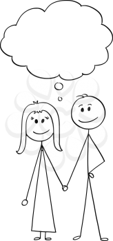 Cartoon stick figure drawing conceptual illustration of happy heterosexual couple of man and woman holding each other hand and with empty speech or text balloon or bubble.