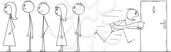 Cartoon stick figure drawing conceptual illustration of man waiting in queue who is in haste with paper roll to visit public toilet or lavatory or rest room.