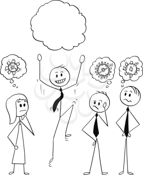 Cartoon stick figure drawing conceptual illustration of group of businessman and businesswoman on brainstorming thinking and one of them got an idea.