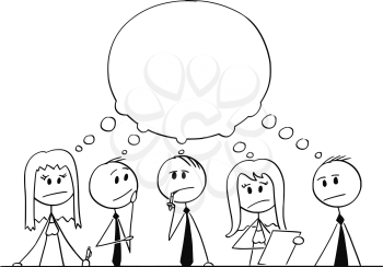 Cartoon stick figure drawing conceptual illustration of team of businessmen and businesswoman having brainstorming thinking about problem solution with empty speech bubble.