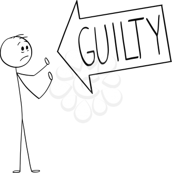 Cartoon stick figure drawing conceptual illustration of big arrow saying guilty pointing at man, marking some problem or blaming him.You text can be added.