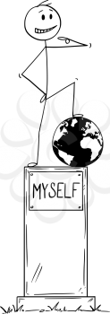 Cartoon stick figure drawing conceptual illustration of statue of egoist selfish man on pedestal with text myself standing on conquered world globe and pointing at yourself.