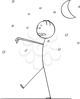 Cartoon stick figure drawing conceptual illustration of somnambulant sleepwalking man walking in night during sleeping.