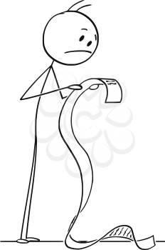 Cartoon stick figure drawing conceptual illustration of frustrated man reading very long bill or document.