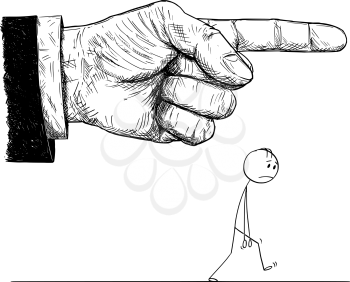 Cartoon stick figure drawing conceptual illustration of frustrated man walking while big hand in suit is pointing and giving him order to go or leave. Concept of superiority and dominance.
