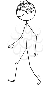 Cartoon stick figure drawing conceptual illustration of man walking with brain visible in his head.