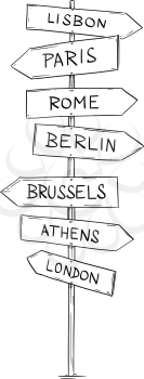 Artistic drawing of old wooden directional road arrow sign with western Europe city names. Berlin, London, Brussels, Rome, Athens, Lisbon, Paris.