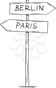 Artistic drawing of old wooden two directional road arrow sign with city Berlin and Paris texts. Concept of Germany and France relations.
