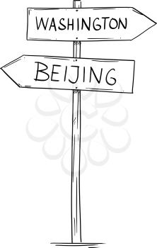 Artistic drawing of old wooden two directional road arrow sign with city Washington and Beijing texts. Concept of USA and China relations.
