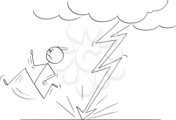 Vector cartoon stick figure drawing conceptual illustration of man or businessman running from the lightning bolt striking ground near to him.