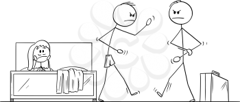 Vector cartoon stick figure drawing conceptual illustration of angry man or husband returned home and found his wife with paramour having sex in bed.Husband is going to fight with lover. Concept of infidelity.