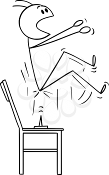 Vector cartoon stick figure drawing conceptual illustration of man who spring up when sit down on the thumbtack or drawing pin placed on the chair.