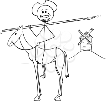 Vector cartoon stick figure illustration of knight on horse with windmill on background - Don Quijote, character from book The Ingenious Gentleman Sir Quixote of La Mancha, Miguel de Cervantes