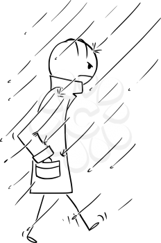 Vector cartoon stick figure drawing conceptual illustration of man walking in rain wrapped in and wearing heavy coat, overcoat,topcoat,raincoat or greatcoat.