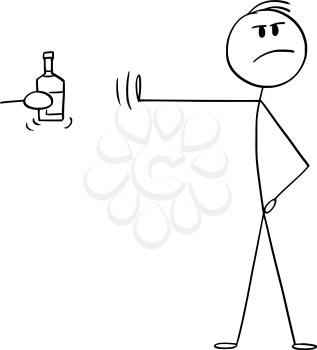 Vector cartoon stick figure drawing conceptual illustration of principled or high-principled man rejecting bottle of alcohol or hard liquor with hand gesture and pose.