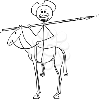 Vector cartoon stick figure drawing conceptual illustration of knight on horse with windmill on background - Don Quijote, character from book