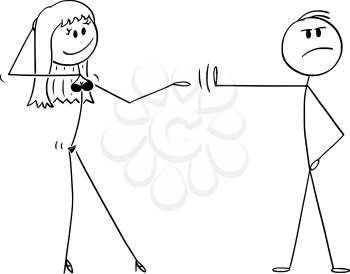 Vector cartoon stick figure drawing conceptual illustration of principled or high-principled man rejecting sexy woman in lingerie offering him sexual intercourse or sex.