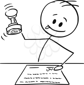 Vector cartoon stick figure drawing conceptual illustration of man, notary or white collar worker enjoying stamping document with rubber stamp.