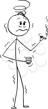 Vector cartoon stick figure drawing conceptual illustration of shaking drunk man holding smoking cigarette or cigar and glass of hard liquor. Concept or alcoholism.
