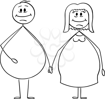 Vector cartoon stick figure drawing conceptual illustration of overweight or obese heterosexual couple of man and woman holding hands.